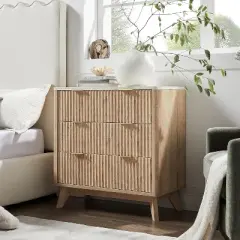 32" Tall Fluted Nightstand, Modern Side Table with Faux Marble Top, 3 Drawers End Table w/Storage, Bedside Table for Bedroom, Living Room