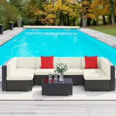 Outsunny 7 Piece Outdoor Patio Furniture Set, PE Rattan Wicker Sectional Sofa Set with Couch Cushions, Pillows,  Coffee Table, Orange, White