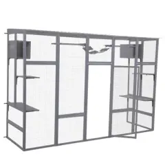 DOMETOUR Wooden Cat Enclosure with 6 Jumping Platforms, 2 Cat Condos, Cat Bridge and Scratching Board