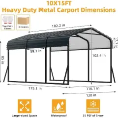 Durable Metal Carport with Galvanized Steel Roof, Outdoor Steel Shelter Kit for Cars, Trucks, Boats and Tractors