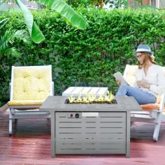 Outsunny 42" Rectangle Gas Fire Pit Table, 50,000BTU Propane Firepit with Protective Cover, Lid and Red Lava Rocks, Auto ignition, CSA Certification for Outdoor, and Patio