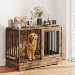 SUGIFT 2-in-1 47in Wooden Dog Crate Furniture for Large Dogs, Heavy-Duty Kennel with Double Doors, Stylish End Table Design