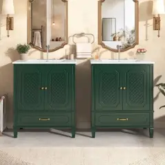 60" Double Bathroom Vanity with Ceramic Sinks, 2 Cabinets, 2 Drawers, Soft-Close Doors, Freestanding Vanity