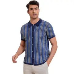INSPIRE CHIC Men's Striped Knitted Summer Short Sleeves Button Down Jacquard Polo Shirts