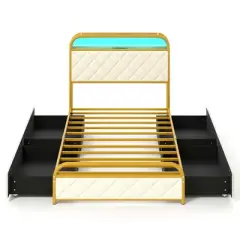 Costway Twin/Full/Queen Size Bed Frame with LED Lights & Charging Station Storage Headboard & Drawers Golden