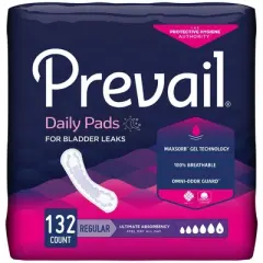 Prevail Daily Pads Female Incontinent Pad Regular Length 16" L PV-923/1, Ultimate, 132 Ct