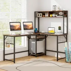 Costway L-shaped Desk with Power Outlet Large Corner Desk Converts to 2-Person Long Desk Rustic Brown/Black