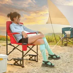 Sevobal Outdoor Portable Chairs Freestyle Rocker Camping Chair with Durable Armrests and Drink Holder for Patio and Backyard, Red, 36.02"*4.92"*25.2"