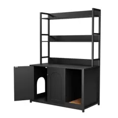 Litter Box Enclosure w/2 Storage Shelves Hidden Cat Litter Box Furniture w/Scratch Pad Indoor Cat House Kitty Box Washroom Cat Bookshelf Cabinet