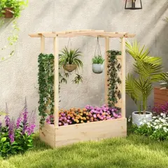 Tangkula Wooden Raised Garden Bed w/ Trellis & Hanging Roof Planter Box Drainage System