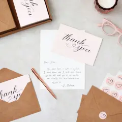 Pipilo Press 36 Pack Simple Thank You Cards with Envelopes, Pink Heart Stickers for Wedding, Bridal Shower, Baby Shower, 4 x 6 In