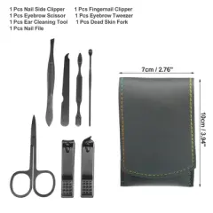 Unique Bargains Stainless Steel Pedicure Nail Clippers Scissors Tool Set for Men Women Black with Grey PU Leather 7 Pcs