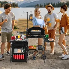 VEVOR Camping Kitchen Table, Outdoor Camp Cooking Table, Aluminum Portable Cook Station with Storage Cupboard, Carrying Bag, Black