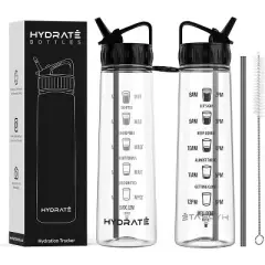 HYDRATE 900ml Water Bottle with Straw and Motivational Time Markings, Black