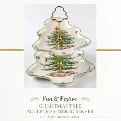 Spode Christmas Tree 2-Tiered Server, Tree-Shaped - Holiday Cupcake Stand, Dessert Display Set, Porcelain Serving Platter, 10" & 8", Dishwasher Safe
