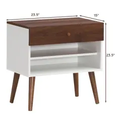 Costway Nightstand End Side Table Drawer Storage Shelf Mid-Century Rubber Wood Leg