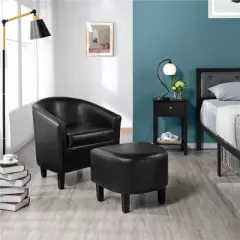 Yaheetech Faux Leather Accent Arm Chair Barrel Chair with Ottoman for Living Room