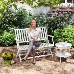 Outsunny 2-Person Foldable Wood Outdoor Bench with Backrest and Armrests for Patio, Garden, Porch, Park, Balcony, White