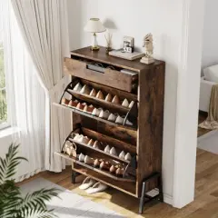 Shoe Storage Cabinet with 2 Flip Doors + 1 Drawer, Farmhouse Vintage Hidden Narrow Shoe Organizer for Entryway & Small Spaces, Holds 22 Pairs