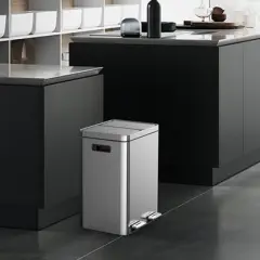 Dual Compartment Stainless Steel Trash Can with Soft-Close Lid - Hands-Free Foot Pedal Operated Kitchen Waste Bin