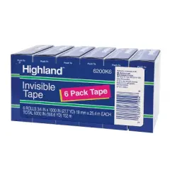 Highland Invisible Permanent Mending Tape, 3/4" x 1000", 1" Core, Clear, 6/Pack