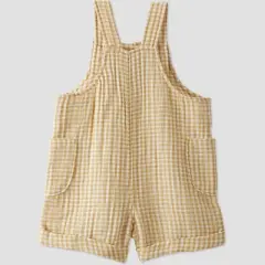 little Planet By Carter's Baby Ochre Gingham Gauze Shortalls Bodysuit - Yellow