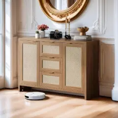 Modern Rattan Buffet Cabinet Sideboard with Storage, 47" Boho Buffet Table with Drawers, Coffee Bar Cabinet for Entryway, Living Room, Farmhouse