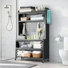 Gulches 64" Kitchen Pantry Storage Cabinet, 5-Tier Metal Bakers Rack with Wheels, Transparent Flip Doors & DIY Hole Board, Gray