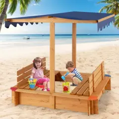 Costway Kids Wooden Sandbox w/ Canopy & 2 Bench Seats Bottom Liner for Outdoor