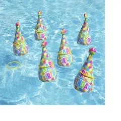 Pool Master 17" Inflatable "Happy Birthday" Party Hat Ring Toss Swimming Pool Game 6pc - Yellow/Blue