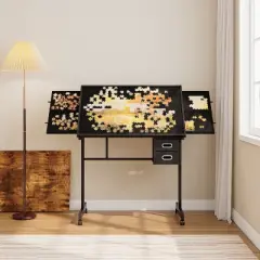 Gulches 1000 Pieces Jigsaw Puzzle Metal Table with 4 Trays 2 Drawers Wooden Protective Cover 4 Lockable Wheels Adult Gift