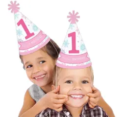 Big Dot of Happiness Pink Snowflakes 1st Birthday - Cone Happy Birthday Party Hats for Kids and Adults - Set of 8 (Standard Size)