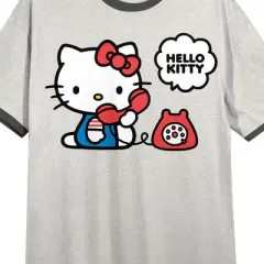 Hello Kitty Character On Phone Women's Gray Crew Neck Short Sleeve Ringer Night Shirt