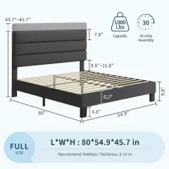 Full/ Queen/ King Bed Frame with Adjustable Headboard, Fabric Upholstered and Wooden Slats Support, Heavy Duty Mattress Foundation