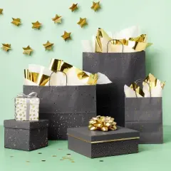 Foil Star Dotted Medium Gift Bag Gray - Spritz&trade;: Black Polka Dot, Christmas & Graduation Gift Bag, 12"x16"x6"