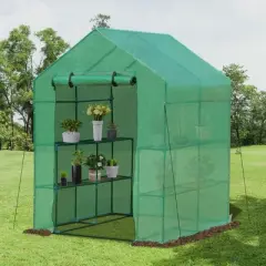 Outsunny Walk-in Greenhouse, 2-Tier Shelves, Steel Frame Hot house, Roll-Up Zipper Door for Flowers, Vegetables, Green