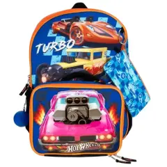 Hot Wheels Burning Rubber 5 Piece Backpack Set for Boys, Featuring Turbo Charged Race Cars, Kids School Bag, Blue