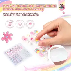 SAVILAND Kids Press On Nails for Girls 8-12 Years, 6 Pack with 3D Stickers - Pre-Glue Short Fake Nails Gift Set.