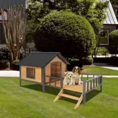 Gulches Pet Houses - Outdoor Wooden Cabin Dog Kennel with Porch and Iron Frame