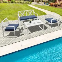 Tangkula 4PCS Patio Furniture Set Outdoor Conversation Set Metal Frame w/ Navy Cushions