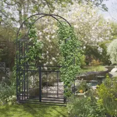 Gulches 81" Metal Garden Arbor with Double Doors, Locking Gate, Climbing Vine Frame with Heart Motifs, Arch for Wedding, Bridal Party Decoration, Grey
