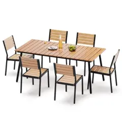 Crestlive Products Outdoor Dining Set Patio Dining Table with chairs Wooden-Like Top and Aluminum Frame Umbrella Hole
