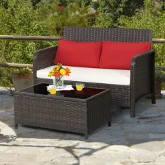 Tangkula 2PCS Patio Rattan Furniture Set Loveseat w/Coffee Table for Garden Porch Backyard Brown