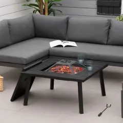 Outsunny 34" x 32" Outdoor Fire Pits, Portable Wood Burning Camping Fire Pit with Spark Screen, BBQ Grate Poker, and Rain Cover for Camping, Black