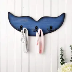 Okuna Outpost Whale Tail Wall Hook for Nursery, Coat Rack with 3 Hooks, Nautical Home Decor (15.5 x 6.75 x 1 in, Blue)