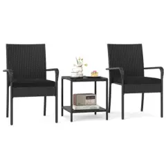 Costway 3 PCS Patio Furniture Set with 2-Tier Table Tempered Glass Tabletop & Soft Cushions White/Black/Brown