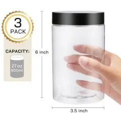 LotFancy 27 Ounce Clear Plastic Jars with Lids, 3 Pack Airtight Food Storage Containers