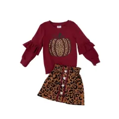 Girls Fierce Pumpkin Vibes Leopard Skirt Set - Mia Belle Girls