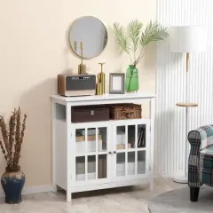 HOMCOM Kitchen Sideboard, Storage Buffet Cabinet with Open Shelf, Glass Door Cabinet and Adjustable Shelf for Living Room, White