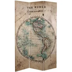 6" Double Sided Vintage Globe Canvas Room Divider Beige - Oriental Furniture